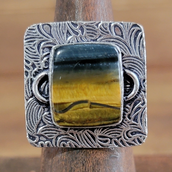 Vintage Jewelry - Native Tigers Eye Gemstone Ring Size 6.5 925 Silver Jewelry Bohemian Wes…